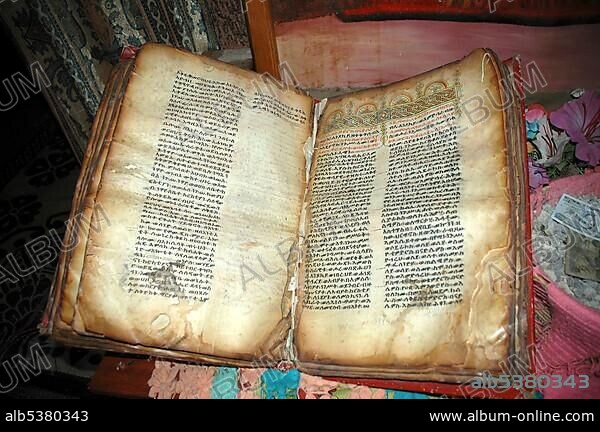 Old book of the bible written in Amharic script in rock hewn church Lalibela Ethiopia.
