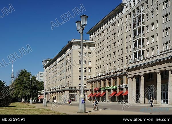 Karl-Marx-Allee avenue, former Stalinallee avenue, representative, listed avenue of the former GDR, Berlin television tower at back, Friedrichshain, Berlin, Germany, Europe.