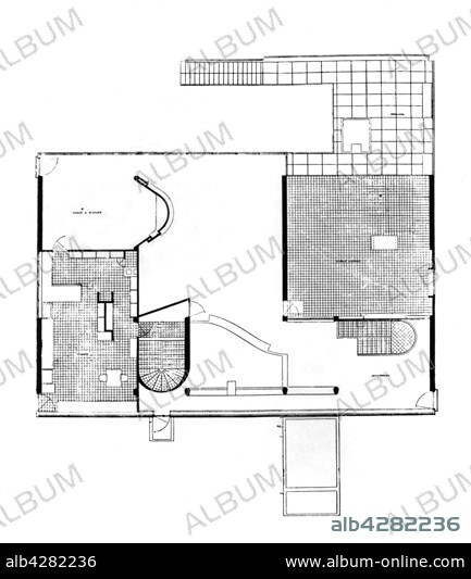 Villa in Garches, France, blueprint of the 1st floor. Le Corbusier. 20th century. Private Collection. La Fondation, légataire universel Le Corbusier, est titulaire du droit moral et du droit patrimonial attachés à l'ensemble œuvres de Le Corbusier. Toute reproduction de bâtiments, d'œuvres plastiques, de meubles et de textes doit par conséquent faire l'objet d'une demande préalable auprès de la Fondation et de l'ADAGP (société des auteurs dans arts graphiques et plastiques) à qui la Fondation a confié la gestion de ses droits de propriété intellectuelle. Toute reproduction documents doit être obligatoirement accompagnée de la mention © FLC-ADAGP.. These photographic works are protected by legislation concerning literary and artistic property in all countries. Royalties are handled by ADAGP. To publish or diffuse these photographs, you must imperatively obtain the authorization of ADAGP or its correspondents abroad and to pay corresponding royalties. If you download this image in high definition, your postal address, telephone number and e-mail address will automatically be forwarded to ADAGP.. ADAGP - 11,rue Berryer - Paris. Tel. : (33) 1 43 59 09 79. Fax : (33) 1 45 63 44 89. E-mail : adagp@adagp.fr. Web : http://www.adagp.fr.