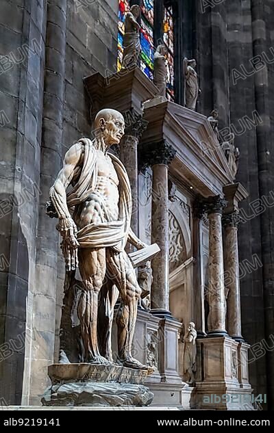 Milan Italy. The interior of the Duomo cathedral. St. Bartholomew Statue by Marco Agrate.