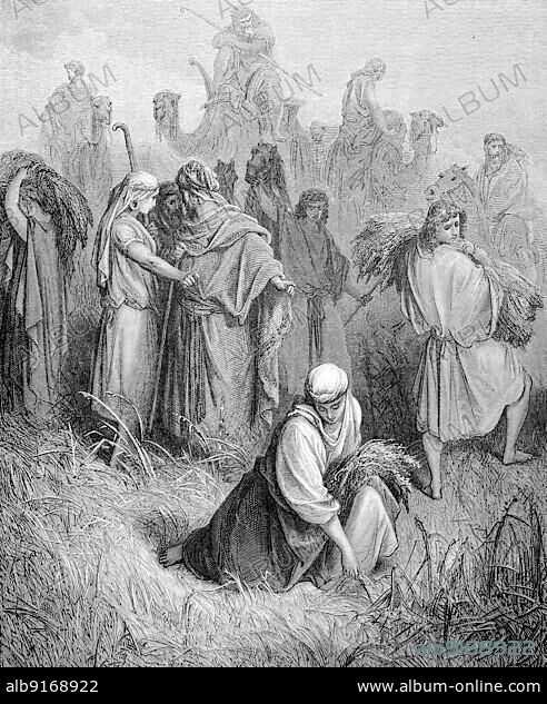 Ruth in Boaz's field, Boaz is a biblical figure who appears in the Book of Ruth in the Hebrew Bible, Historical, digitally restored reproduction of an original 19th century original, exact original date unknown.