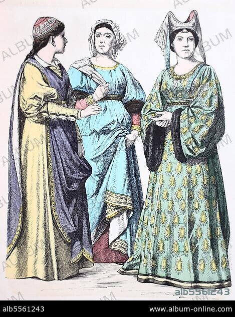 Popular traditional costume, clothing, history of costumes, young Italian woman, distinguished Italian woman and woman of Siena, Italy, 1350-1395, digitally restored reproduction of a 19th century original, exact date unknown, Europe.