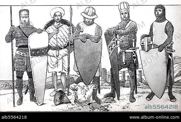Kleidung, Mode, Ritter im Mittelalter, Ritter in verschiedenen Rüstungen, von links, Ritter im Kettenhemd im 12. Jahrhundert, Sarazenen mit zwei Lanzen und Rundschild, ein Ritter mit Eisenhut und Ritter mit hohem Helm in Form einer Mitra im 13. Jahrhundert, Ritter im Ringpanzer mit Kapuze und Unterhemd im 13. Jahrhundert, digital verbesserte Reproduktion einer Illustration aus dem 19. Jahrhundert.