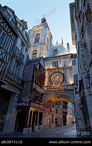 Big clock tower or Gros Horloge, and City Tower or Beffroi, Rouen, Seine-Maritime, Upper Normandy, France, Europe.