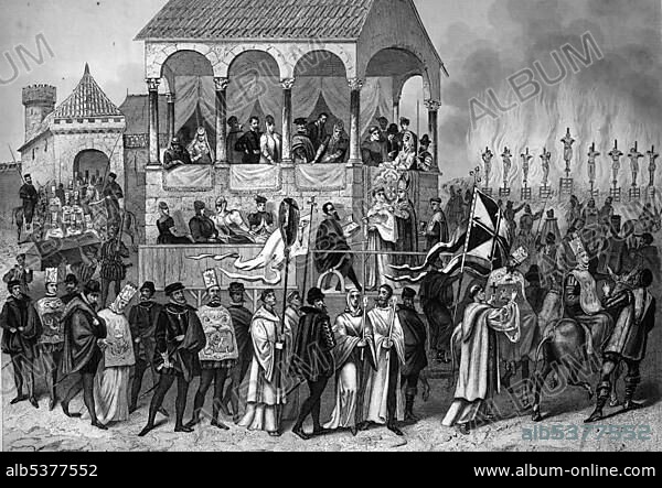 Spanish auto da fe, enforcement of a sentence of the Inquisition, Spain, historical illustration, Europe.