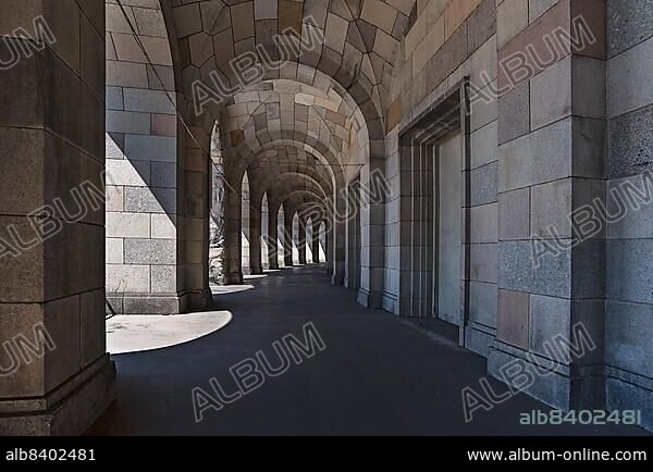 Arcade of the Congress Hall, unfinished National Socialist monumental building on the Nazi Party Rally Grounds, Nuremberg, Middle Franconia, Bavaria, Germany, Europe.