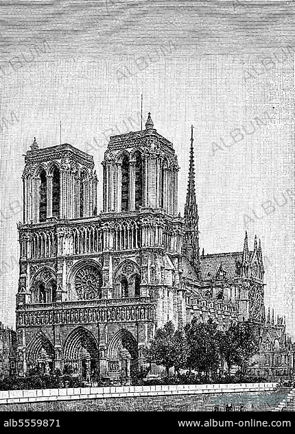 Notre-Dame, Paris, Frankreich. Notre-Dame de Paris, Unsere Liebe Frau von Paris, digital restaurierte Reproduktion einer Originalvorlage aus dem 19. Jahrhundert.