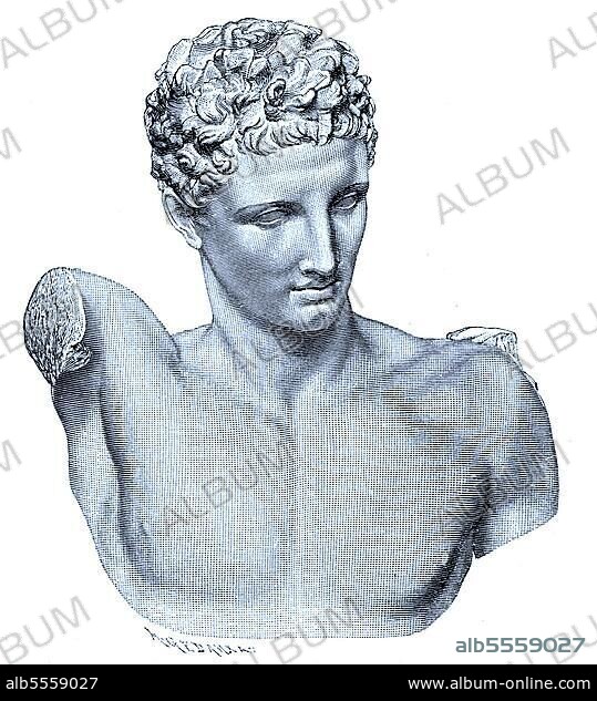 Marmorstatue des Hermes in Athen, Griechenland, Götterbote, Gott des Handels, der Diebe, der Reisenden, des Sports, der Athleten, des Grenzübertritts, Führer in die Unterwelt, digitale verbesserte Reproduktion eines Originaldrucks von 1880.