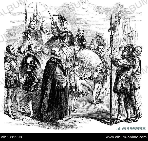 Elizabeth I. or The Virgin Queen or The Maiden Queen, Gloriana, or Good Queen Bess, 1533 - 1603, Queen of England, on the way to the opening of the London Stock Exchange in 1566, historic engraving from the Buch denkwuerdiger Frauen or book of memorable women, published by Otto Spamer, 1877.