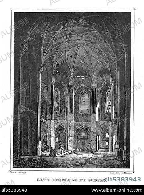 Old synagogue, Passau, WÃ¼rzburg, drawing and engraving by J. Poppel, drawing by Seeberger, engraving by J. Poppel, steel engraving from 1840-1854, Kingdom of Bavaria, Germany, Europe.