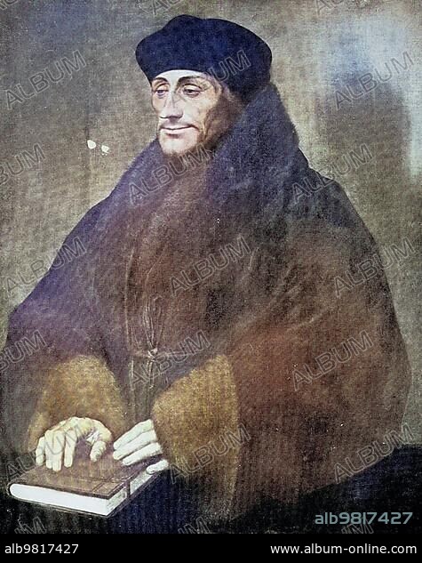 Desiderius Erasmus Roterodamus; known as Erasmus or Erasmus of Rotterdam; was a Dutch Renaissance humanist; Catholic priest; social critic; teacher and theologian; Historical; digitally restored reproduction of a 19th century original.