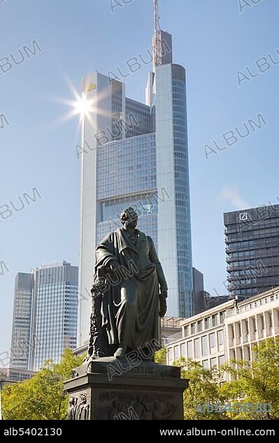 Goethe monument in front of the Commerzbank Tower, Frankfurt, Hesse, Germany, Europe.