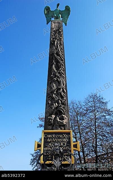 Baroque obelisk with war eagle from 1728, Karlsbruecke bridge, Nuremberg, Middle Franconia, Bavaria, Germany, Europe.