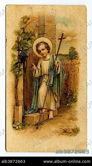 Baby Jesus holding a cross knocking on a door, devotional image, Bavaria, Germany, Europe.