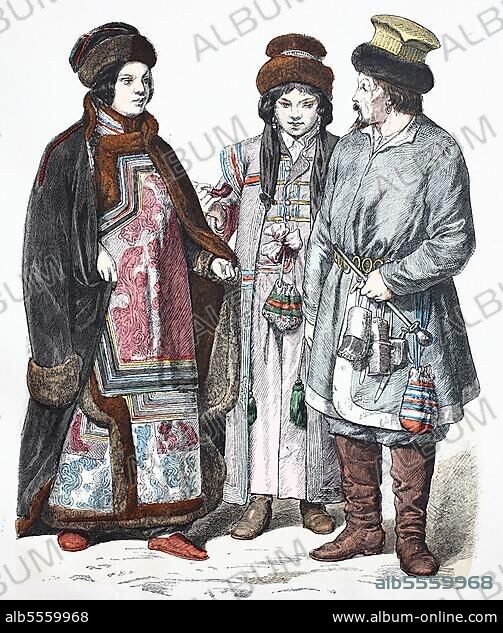 Folk traditional costume, clothing, history of costumes, Siberian Tartar and Kalmyk, costumes from Asiatic Russia, 1885, digitally restored reproduction of a 19th century original, exact date unknown.