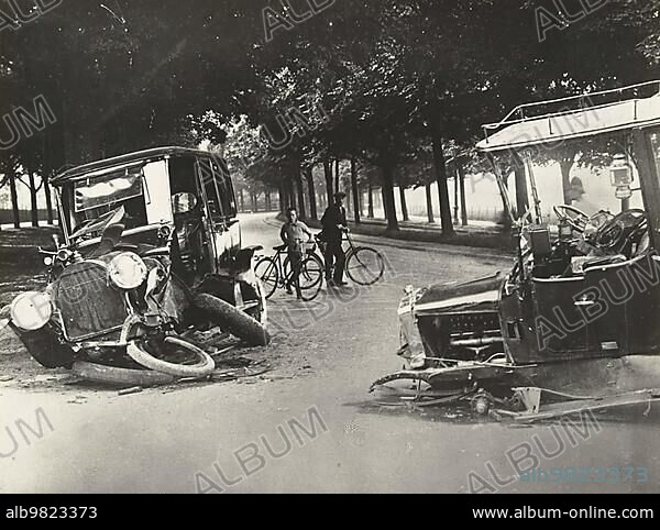 History of the automobile; car accident in 1920; Holland; digitally restored reproduction from a 19th-20th century original.