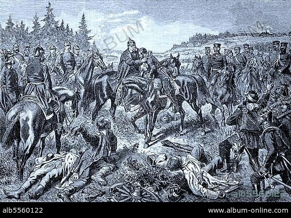 König Wilhelm und Kronprinz Friedrich Wilhelm am Abend nach der Schlacht bei Königgrätz, auch bekannt als Schlacht bei Sadowa, der Entscheidungsschlacht des österreichisch-preußischen Krieges, in Böhmen am 3. Juli 1866, digitale verbesserte Reproduktion eines Originals aus dem Jahr 1880.