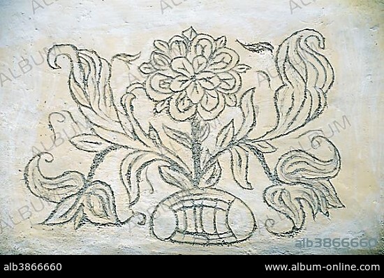 Sgraffito on a façade, Guarda, Unterengadin, Engadin, Canton of Graubünden, Switzerland, Europe.