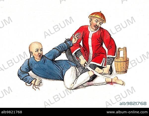 Torture; Punishment; Punishment; A Chinese man lies on the ground while a man in a red jacket cuts his ankles with a sword; c. 1810; China; Historic; digitally restored reproduction from a 19th century original; Asia.