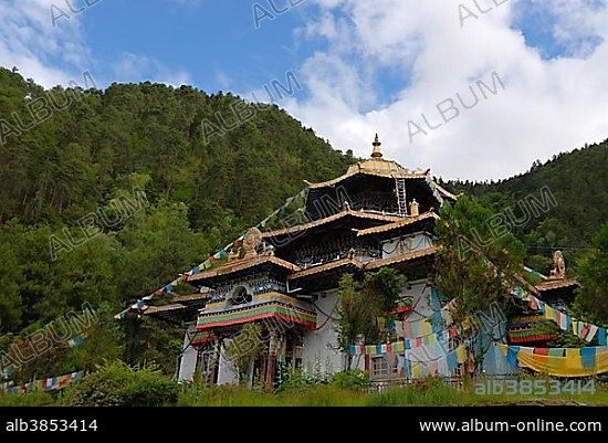 Tibetan Buddhist monastery Lamaling in front of wooded mountains in the Himalayas, Nyichi, Bayi, Eastern Kongpo, Tibet, China, Asia.