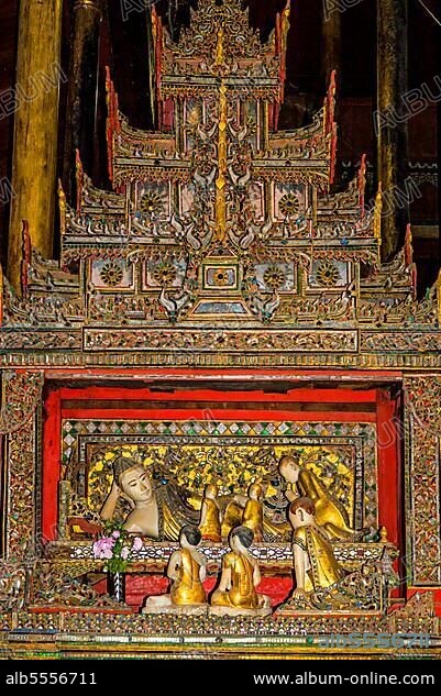 Shan style Buddha statues, Nga Phe Chaung Monastery, Inle Lake, Myanmar, Inle Lake, Myanmar, Asia.
