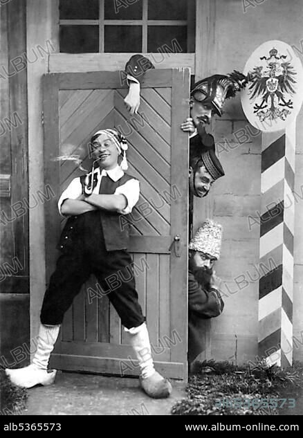 Deutscher Michel, literally German Michel, against Russians and Serbs, propaganda photograph, around 1914.