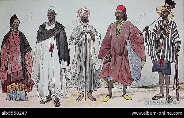 Kleidung, Mode in Afrika, Senegal, von links, eine reiche Frau, ein Mann der Fulbe, einem mohammedanischen Volk, das Viehzucht betreibt, dann ein vornehmer Haussa-Neger, ein Neger aus Südmarokko und ein Karawanenführer aus dem Senegal, digital restaurierte Reproduktion einer Originalvorlage aus dem 19. Jahrhundert, Africa.