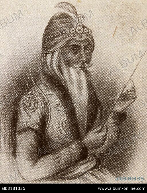 Maharaja Ranjit Singh 1780 - 1839 also called Sher-e-Punjab or The Lion of  the Punjab. From the book Gallery of Historical Portraits published c.1880.  - SuperStock