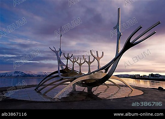 Sculpture Solfar or sun ride, The Sun Voyager by artist Jón Gunnar Arnason, Viking Ship made of stainless steel, Reykjavík, Iceland, Europe.