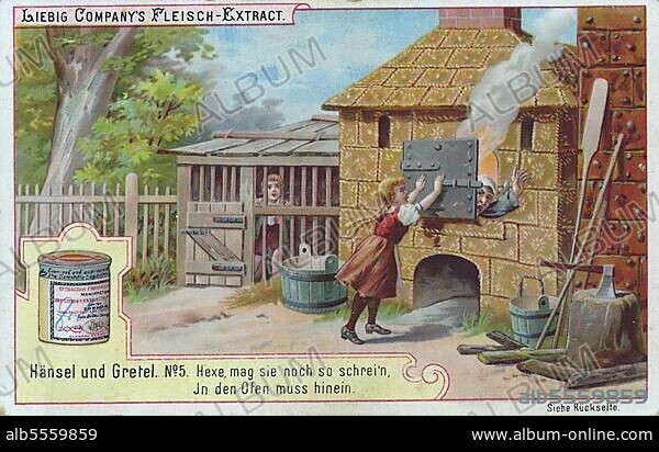 Serie Märchen Hänsel und Gretel, Hexe, mag sie noch so schreien, in den Ofen muß hinein, digital verbesserte Reproduktion eines Sammelbildes von ca 1900.