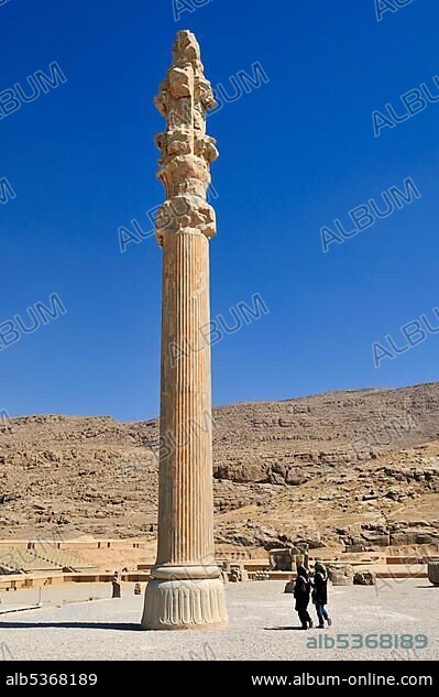 Huge column at the Achaemenid archeological site of Persepolis, UNESCO World Heritage Site, Persia, Iran, Asia.