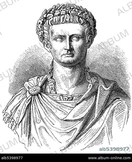 Historical drawing from the 19th Century, portrait of Tiberius Julius Caesar Augustus or Tiberius Claudius Nero, 42 BC - 37 AD, second emperor of the Roman Empire.