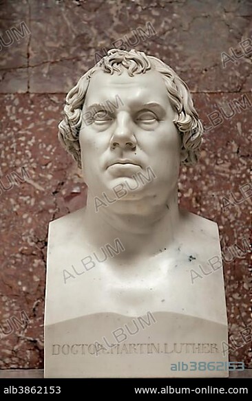 Marble bust of Martin Luther in the Walhalla memorial, in Donaustauf, Bavaria, Germany, Europe.