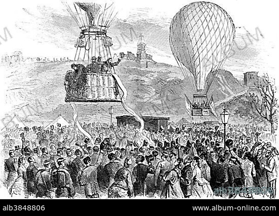 Léon Gambetta, 1838 -1882, a French statesman of the Third Republic, and others escaping with two hot-air balloons from besieged Paris on 7th October 1870, historic scene from the Franco-German War, 1870 - 1871, between the French Empire and the Kingdom of Prussia.