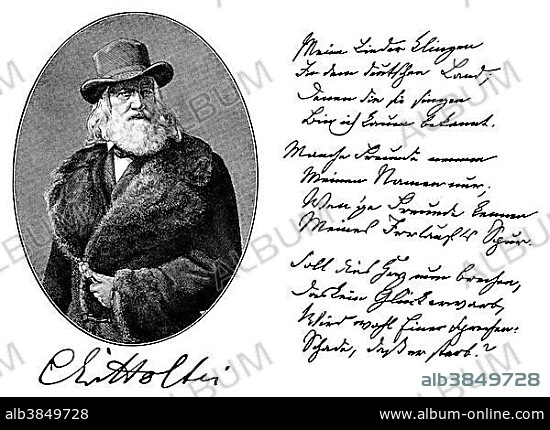 Historical manuscript and portrait of Karl von Holtei, 1798 - 1880, a German writer, actor, reciter, theater director and theater manager, from Bildatlas zur Geschichte der Deutschen Nationalliteratur, Illustrated Atlas of the History of German National Literature, by Gustav Koennecke, 1887.