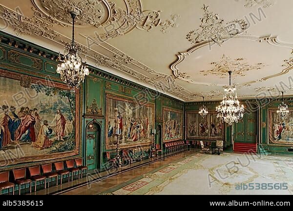 Garden room with Gobelins tapestries, Villa Huegel, former home of the Krupp family, Essen-Baldeney, North Rhine-Westphalia, Germany, Europe.
