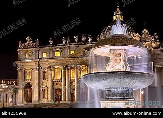 Maderno fountain in front of St. Peter's Basilica at night, Vatican City, Rome, Lazio, Italy, Europe.