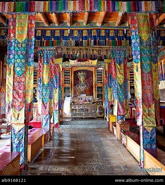 Prayer Hall Diskit Monastery or Deskit Gompa, Hunder, Nubra Valley, Ladakh, India, Asia.