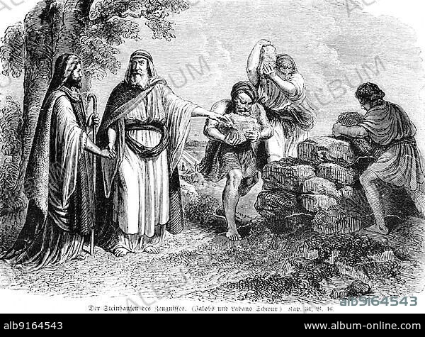 The cairn of testimony, Jacob's and Laban's oath, Arameans, men, group, outdoors, clothing, headdress, carry, staff, talk, hand, erect, tree, robe, Bible, Old Testament, First Book of Moses, chapter 31, verse 46, historical illustration 1850.