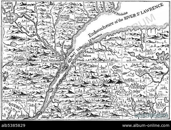 Map of 1730, the St. Lawrence river in Quebec, Canada, North America.