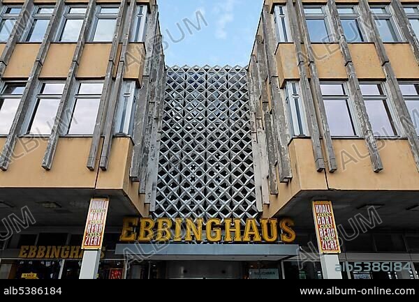 Facade of a shopping centre, in need of renovation, DDR-architecture, inner city, Potsdam, Brandenburg, Germany, Europe.