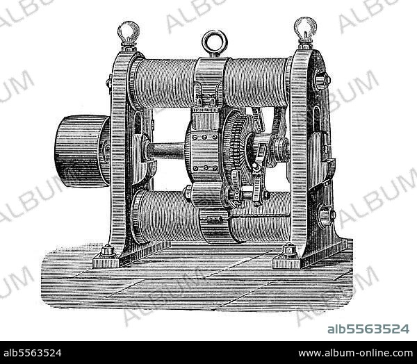 Elektrische Generatoren im 19. Jahrhundert, Gramme, aus dem Jahre 1870, digital restaurierte Reproduktion einer Originalvorlage aus dem 19. Jahrhundert.