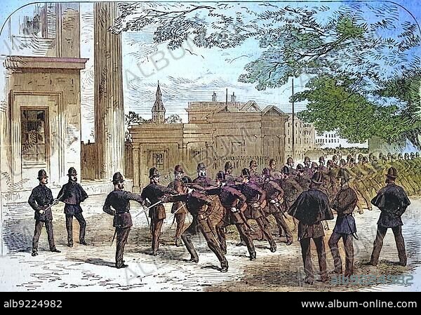 Uprising of 1867 by the Irish Republican Brotherhood. London police officers practising the use of the sabre, England, Ireland, Historic, digitally restored reproduction of an original 19th century master, exact original date unknown, Europe.