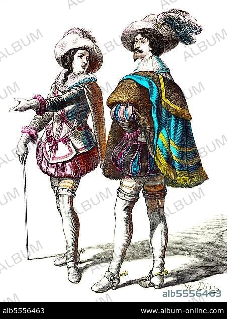 Munich illustrated broadsheet, costumes, France, early 17th century, FRrench cavaliers, traditional costume, portrait, coloured historical illustration 1890, Europe.