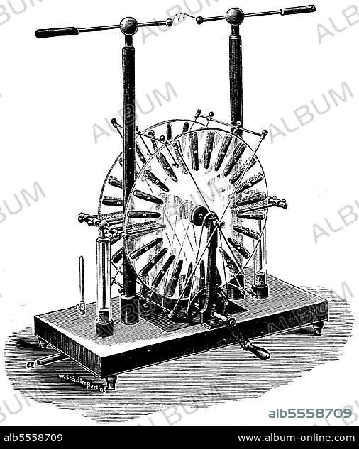 Elektrotechnik, selbsterregende Influenzmaschine, nach Windhurst konstruiert von Robert Voß, Berlin, Deutschland, digital restaurierte Reproduktion einer Originalvorlage aus dem 19. Jahrhundert.