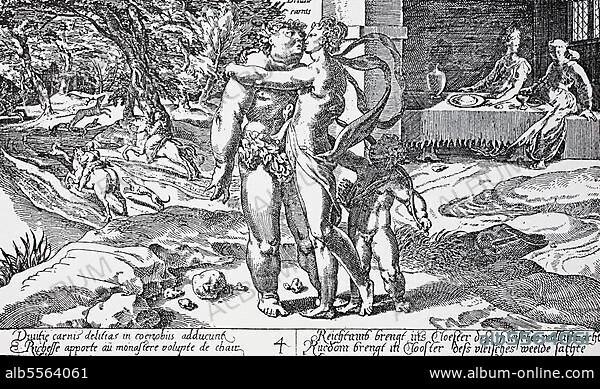 Reichtum bringt Lust auf Sex im Kloster, Verführung im Kloster, niederländischer symbolisch-satirischer Stich, 17. Jahrhundert, Holland, Historisch, digital restaurierte Reproduktion einer Originalvorlage aus dem 19. Jahrhundert, genaues Originaldatum nicht bekannt.