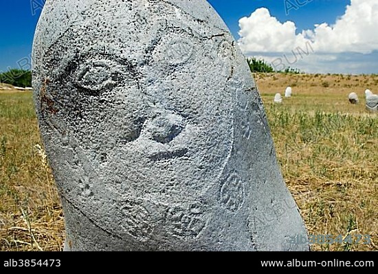 Historic grave stone, balbal, in Balasagun, silk road, Kyrgyzstan, Asia.
