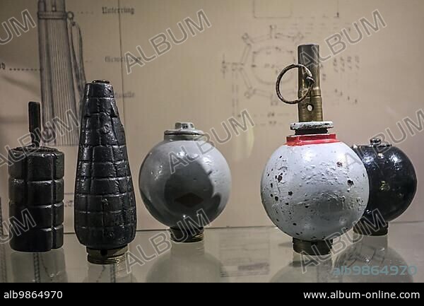Collection of hand grenades of the First World War One in the Memorial Museum Passchendaele 1917 at Zonnebeke, Belgium, Europe.