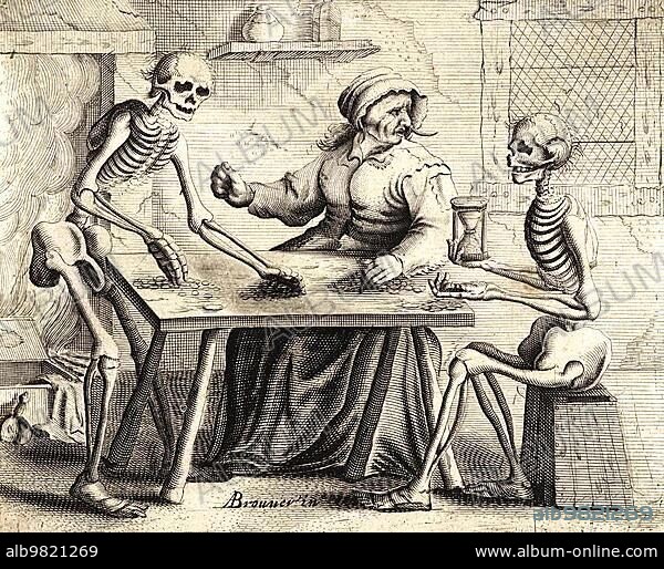 Old Woman with Two Skeletons at the Table; The Witch and Death; 1622; Holland; Historic; digitally restored reproduction from a 19th century original.