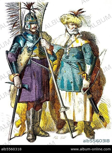 Munich picture sheet, Polish costumes, 16th century, lancer (left), armoured rider (right), weapons, fur cap, helmet, lance, sword, Poland, portrait, two persons, coloured historical illustration 1890, Europe.